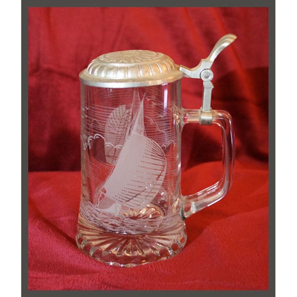 vintage DOMEX heavy glass beer stein with metal lid and sailing etching